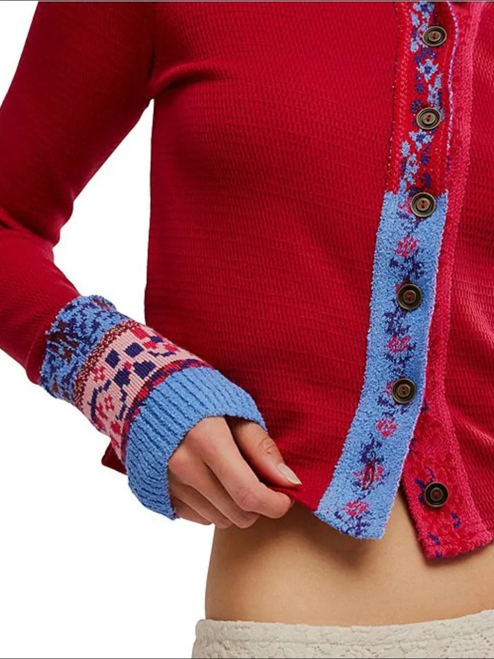 NWT🌷Free People Embroidered Trim Crew Neck Long Sleeve Cardi Top